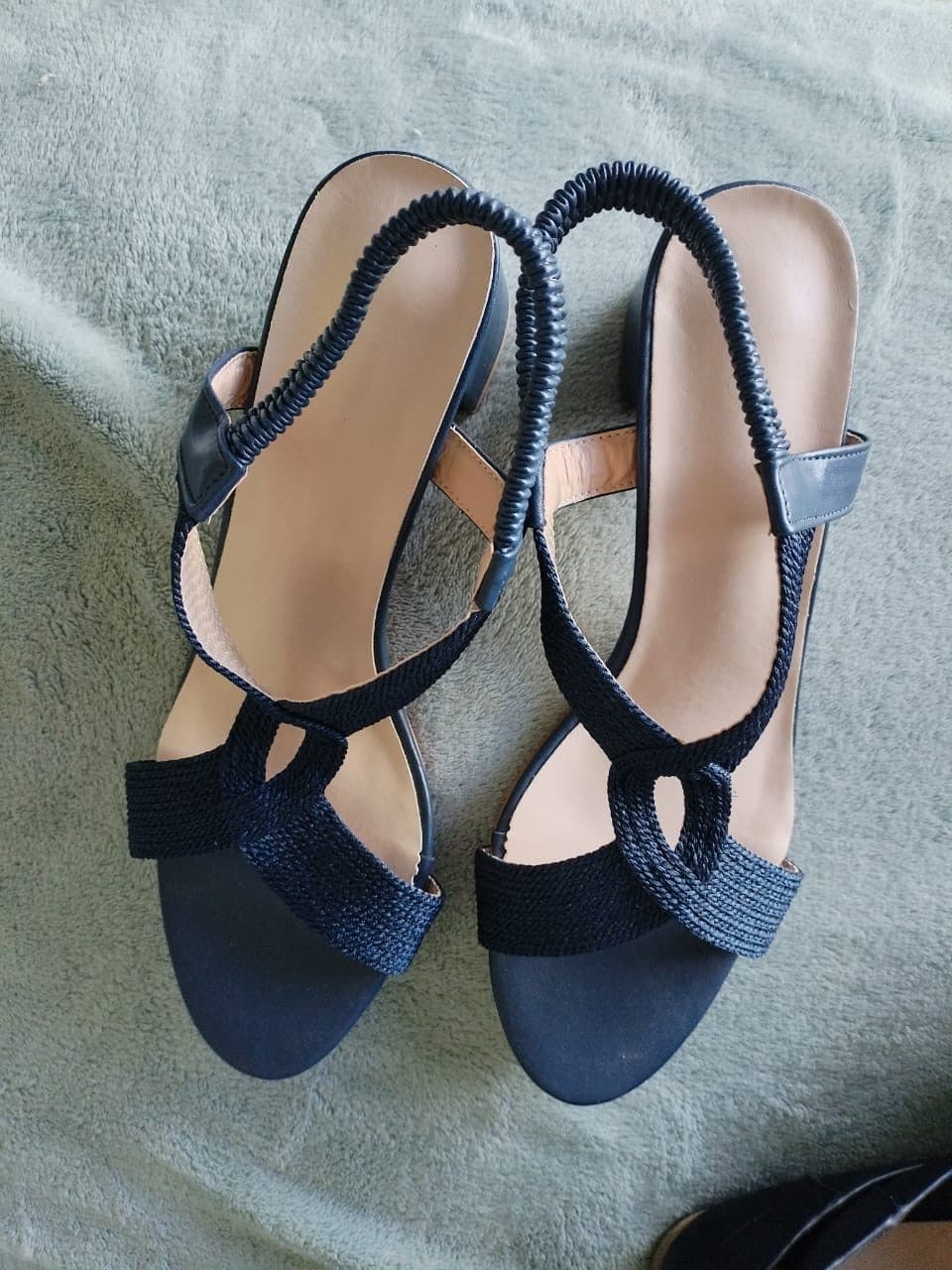 Navy woven strappy block heel sandals