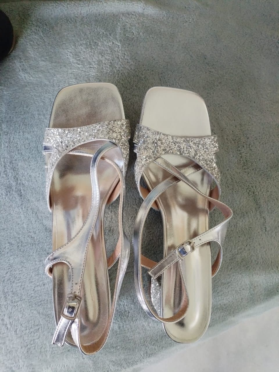 Silver glitter strappy block heel sandals