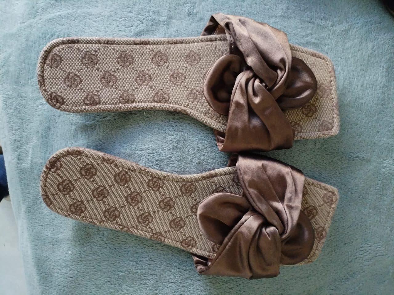 Brown satin knot flat slide sandals
