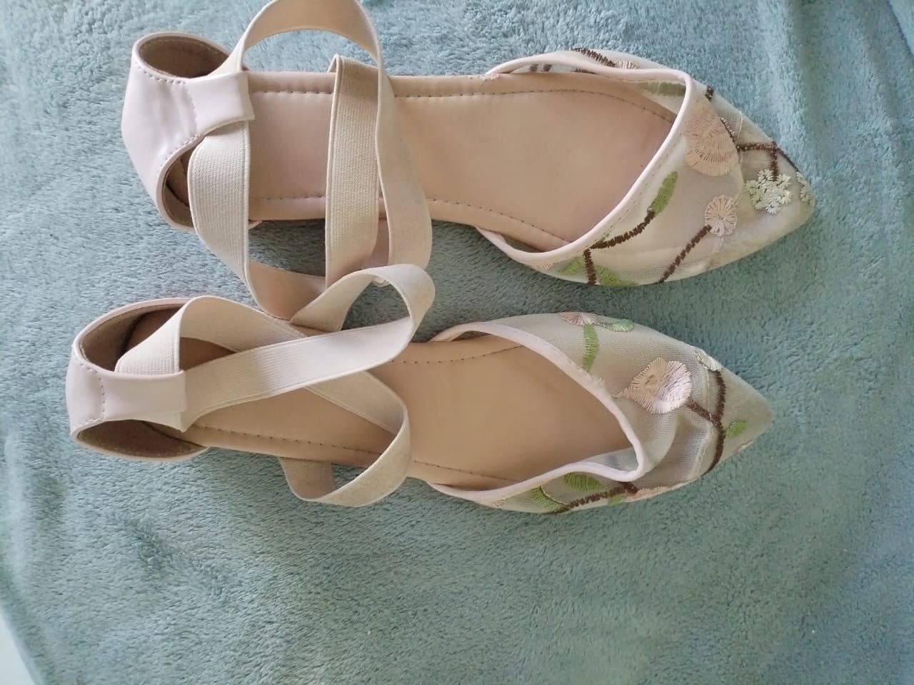 Blush embroidered mesh pointed flats with elastic ankle straps