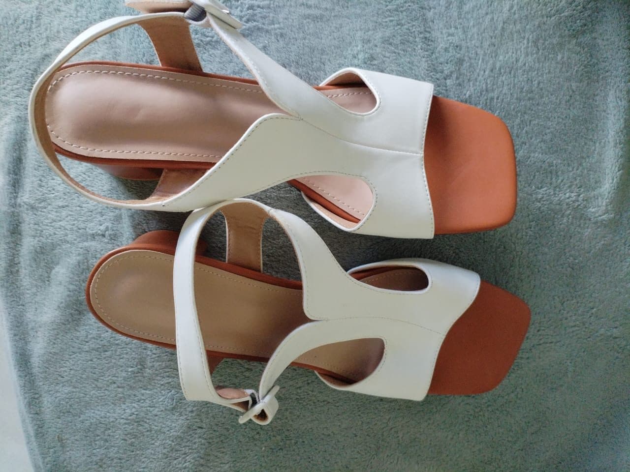 Cream block heel sandals with tan platform sole